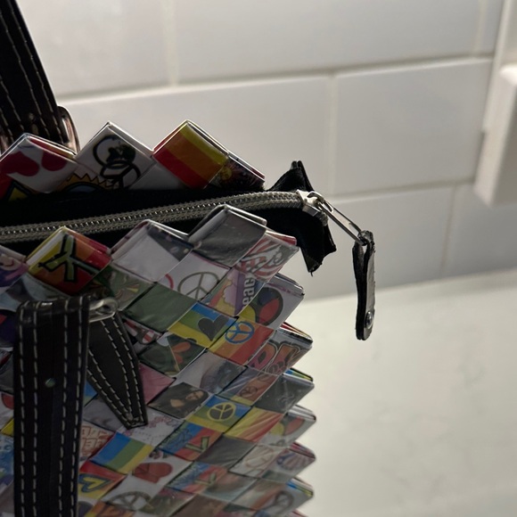 Nahui Ollin Colorful candy wrapper Woven Tote with Brown Handles - Picture 10 of 13